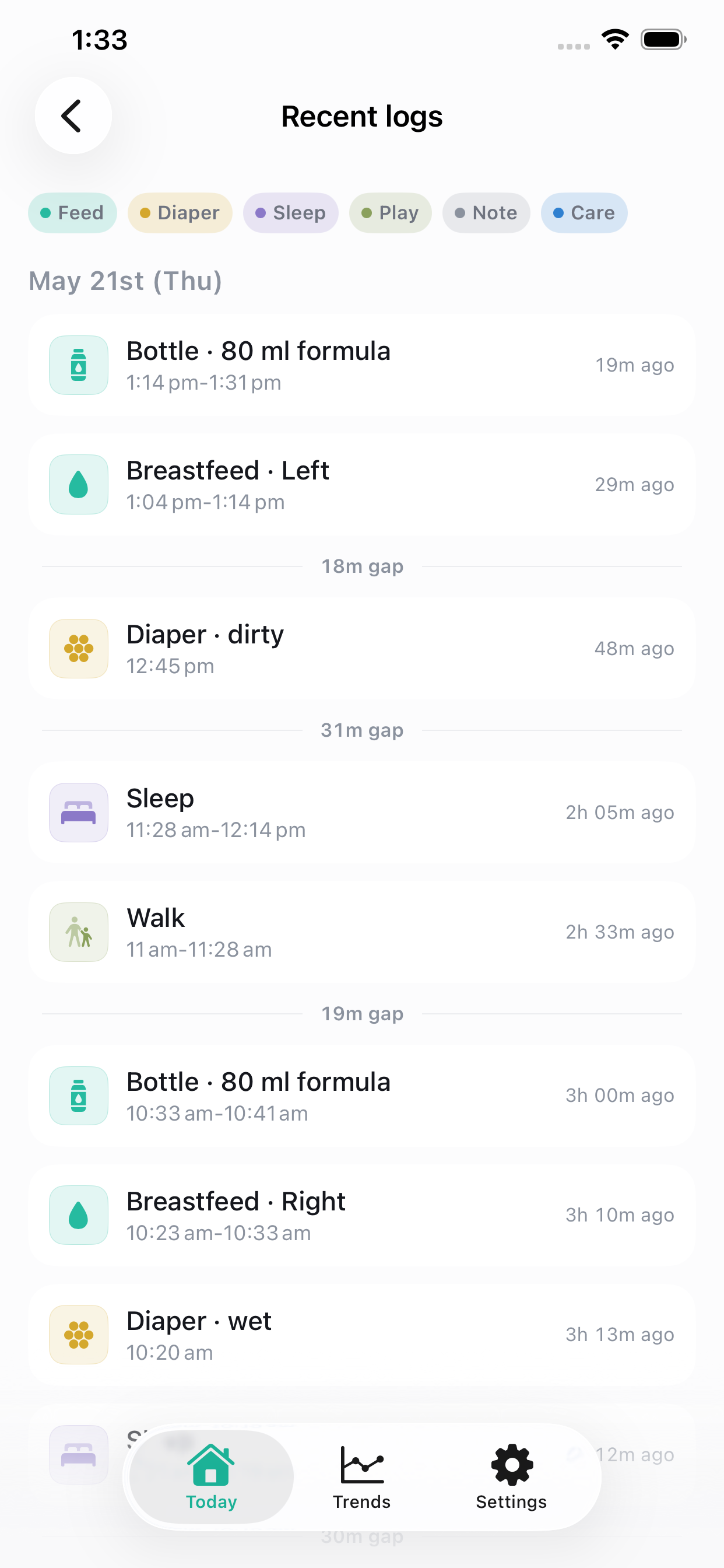 BabyCare recent logs screen showing a shared list of feed, sleep, diaper, play, bath, and note events.