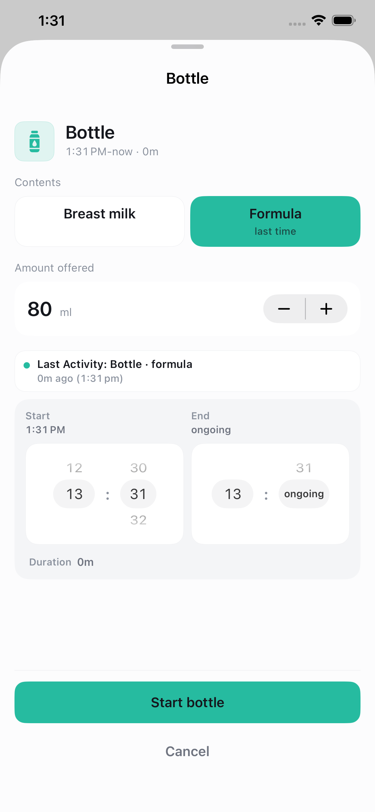 BabyCare activity sheet showing an ongoing bottle feed with start and end time inputs.