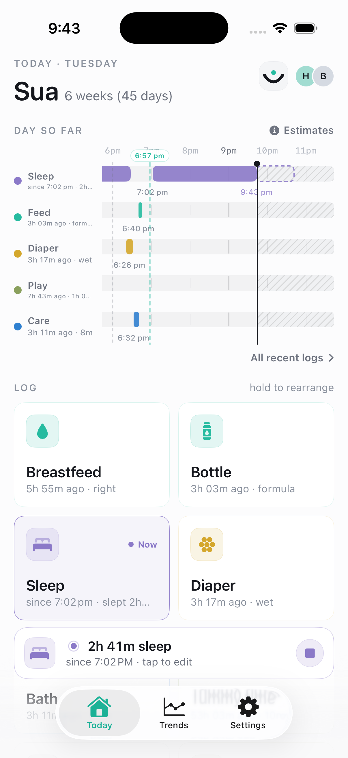 BabyCare Today screen showing the swimlane timeline, activity tiles, and an ongoing sleep session.